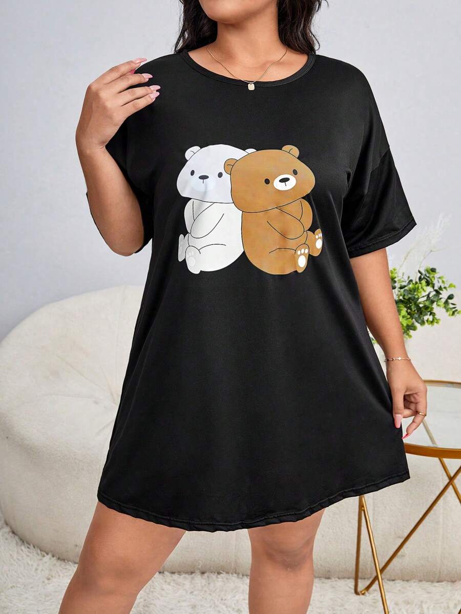 大碼小熊印花落肩袖睡裙 - 黑色 - 查看 1