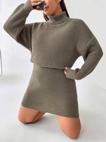 Flirla 大碼高領落肩袖毛衣洋裝 - 紫紅色 - 查看 7