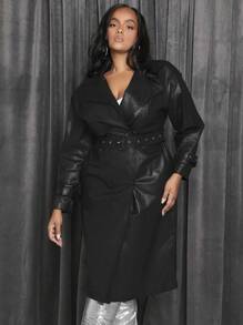 SHEIN X GiudiceGirls Áo khoác da dáng dài cài nút hai bên có khóa cài cho mùa thu/đông - màu đen - Xem 5