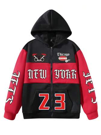 Manfinity Roghcode Men Letter Graphic Colorblock Zip Up Drop Shoulder Hoodie