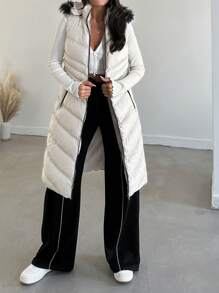 EURMUSE Slant Pockets Fuzzy Trim Hooded Puffer Vest Coat - Grey - View 3