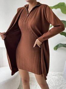 Chiquease High Neck Half Zipper Placket Sweater Dress & Cardigan - Coffee Brown - View 7