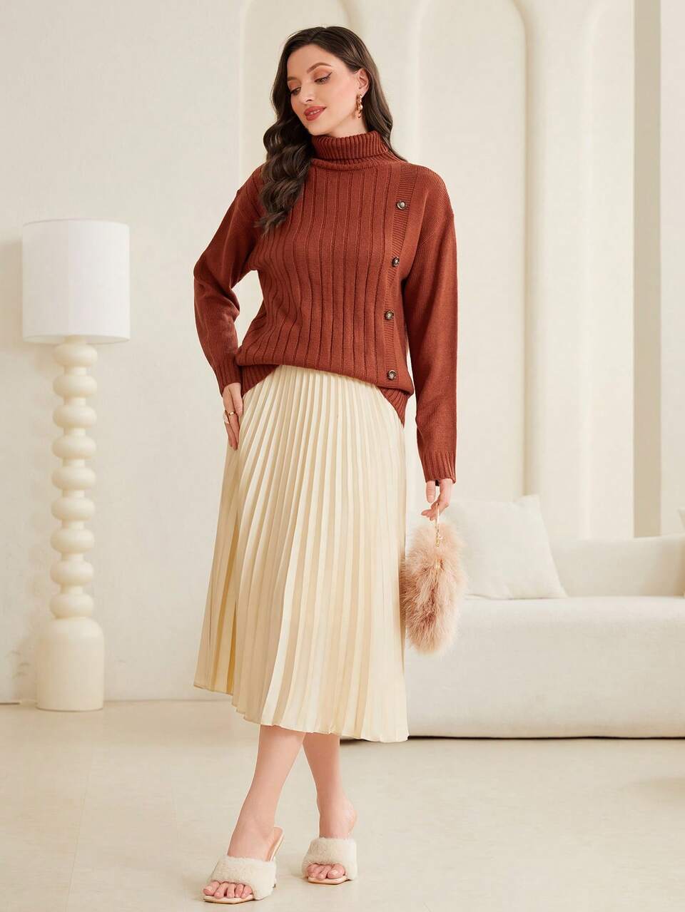Women's High Neck Button Up Knit Pullover Fall Winter Sweater