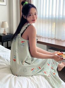 DAZY 卡通圖案褶邊吊帶睡裙