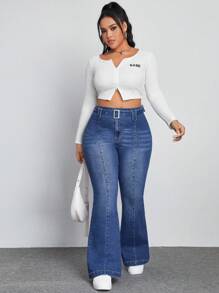 SHEIN EZwear Talla grande Jeans de pierna amplia con cinturón con hebilla