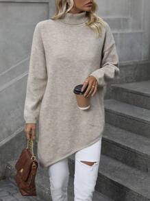 SHEIN Essnce Jersey cuello alto de hombros caídos bajo asimétrico - Camel - Ver 3