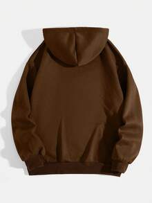 SHEIN EZwear Letter Graphic Kangaroo Pocket Drawstring Thermal Lined Hooded Sweatshirt - Coffee Brown - View 2
