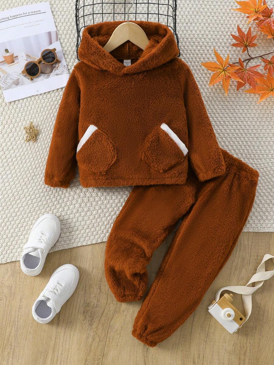 SHEIN 男小童拼接邊袋鼠口袋毛絨帽衫和褲子