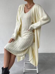 SHEIN Unity Cable Knit Sweater Dress & Cardigan - Beige - View 6