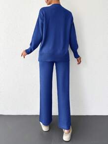 SHEIN Cottnline Women's Solid Color Round Neck Drop Shoulder Sweater And Straight Leg Pants Set - Royal Blue - View 2