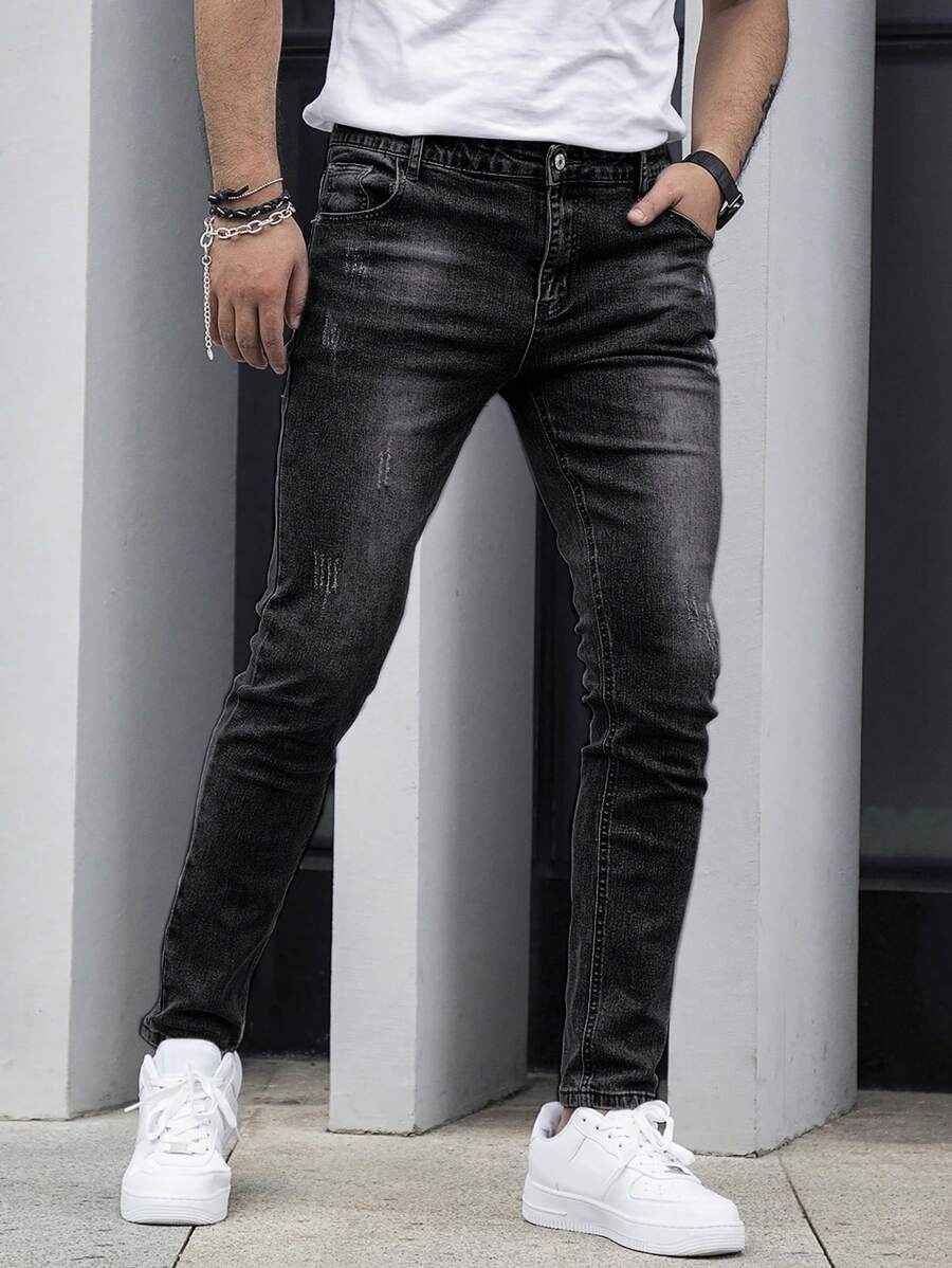 Quần Jeans Nam Nút Túi Dây kéo màu trơn - Màu xám đen - Xem 1