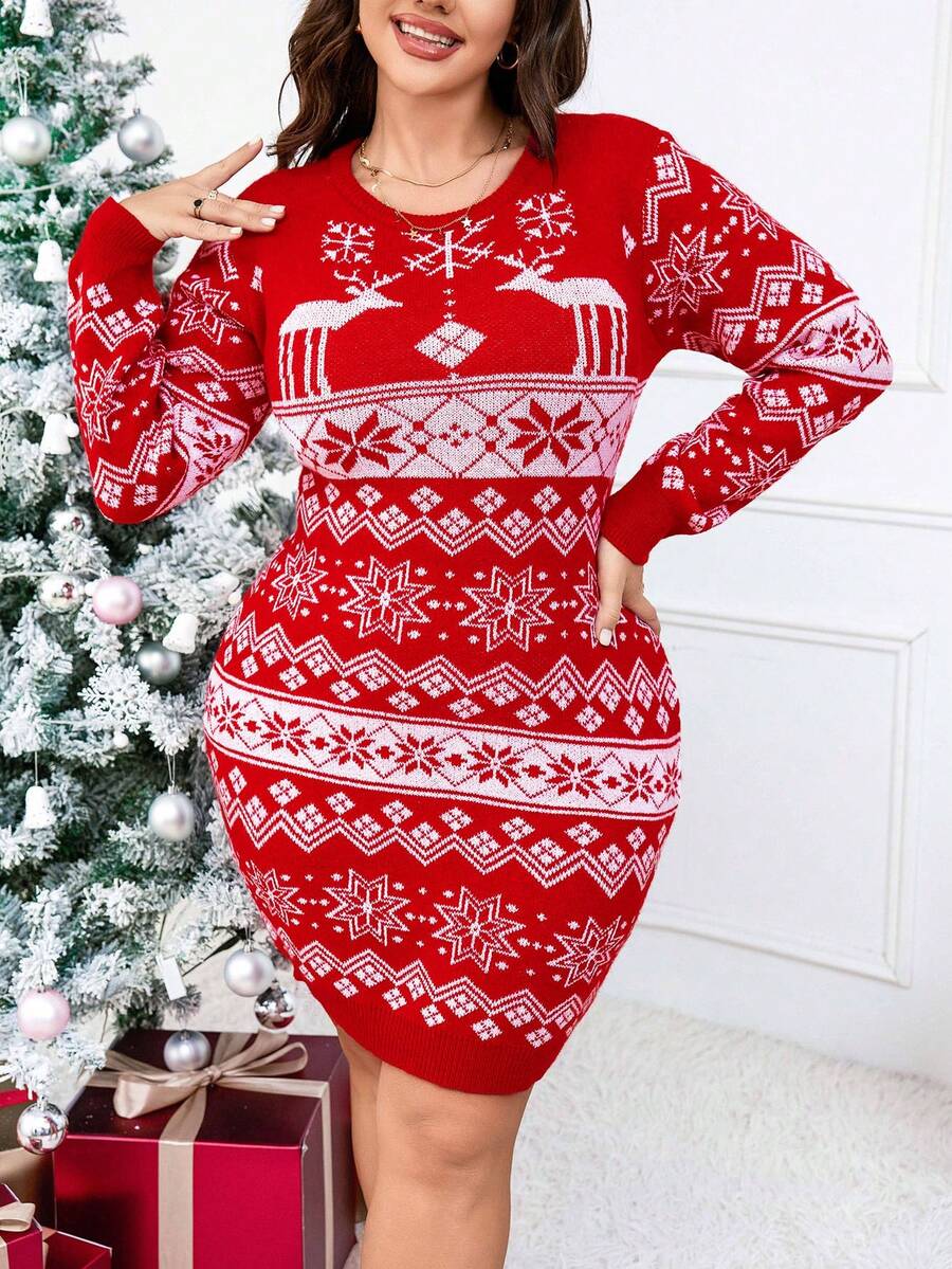 SHEIN Clasi Hơn Mẫu giáng sinh Váy len bó sát - Đỏ - Xem 1