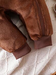 SHEIN 男嬰卡通刺繡3D耳朵設計連帽前拉鍊法蘭絨連身褲