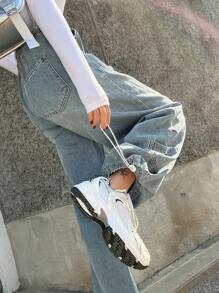 DAZY 抽绳腰阔腿牛仔裤，宽松牛仔裤 - 藍色 - 查看 2