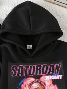 SHEIN 女大童2入組字母人物圖案加絨內裏連帽衫 - 黑色 - 查看 4