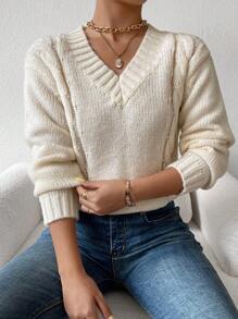 SHEIN Essnce Solid Cable Knit V Neck Sweater - Beige - View 4
