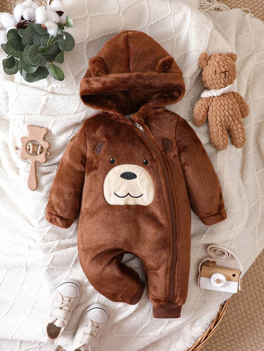 SHEIN 男嬰卡通刺繡3D耳朵設計連帽前拉鍊法蘭絨連身褲