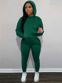 SHEIN EZwear 大码纯色抽绳卫衣 - 墨綠色 - 查看 1