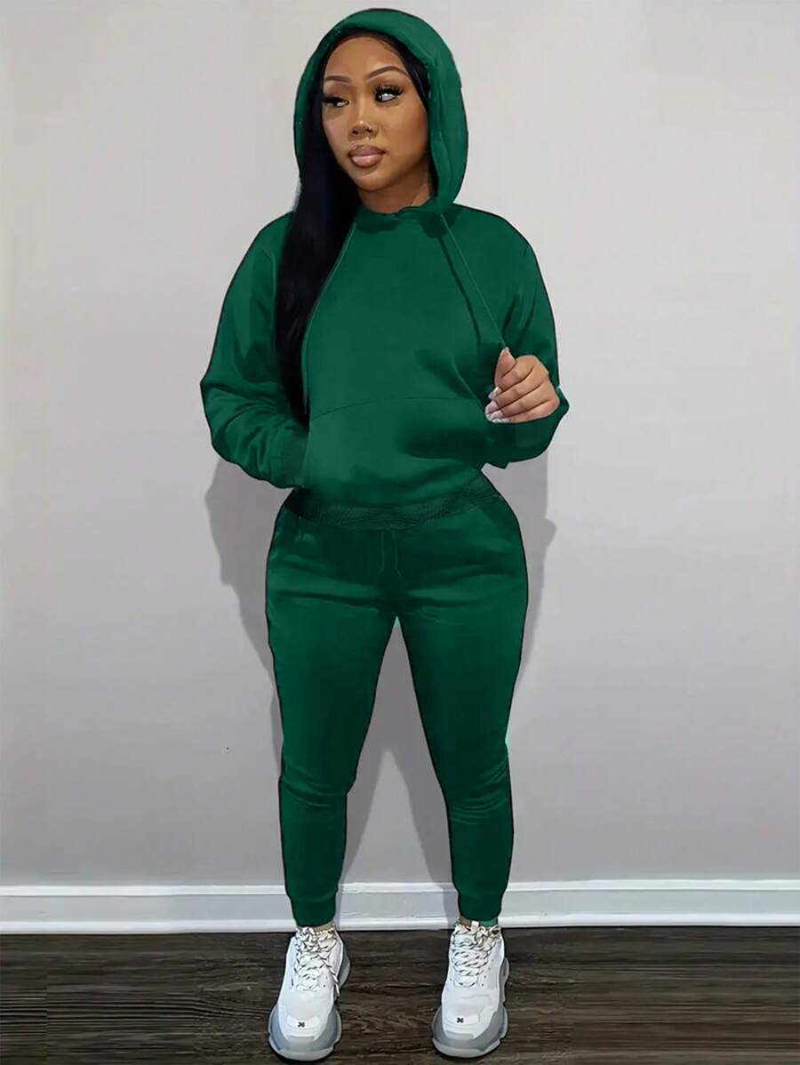 SHEIN EZwear 大码纯色抽绳卫衣 - 墨綠色 - 查看 1