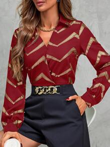 SHEIN LUNE Chevron Print Lantern Sleeve Blouse - Burgundy - View 3