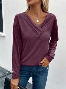 EMERY ROSE Chất rắn Chi tiết Nút Áo thun Thả vai - Màu Đỏ Sâu - Xem 5