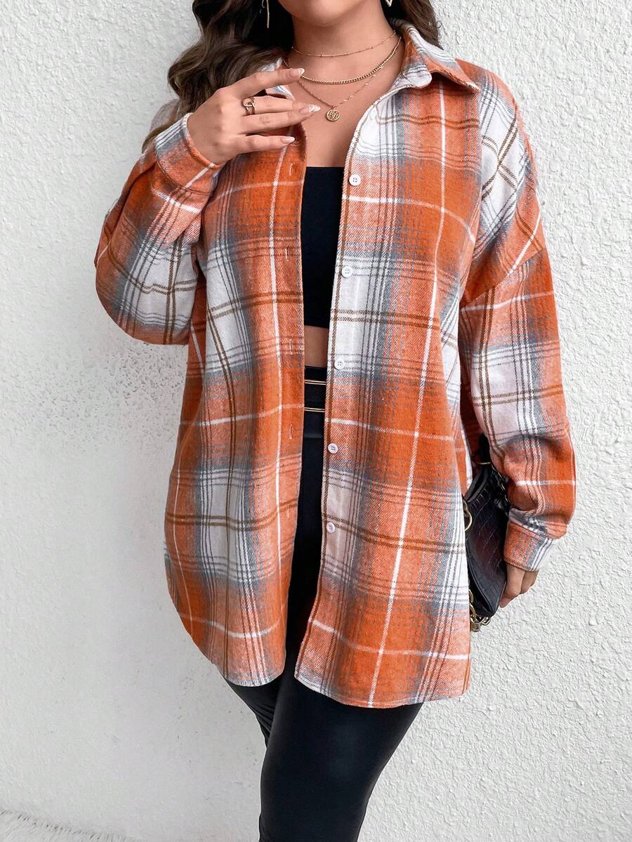 Calvaya Plus Plaid Print Drop Shoulder Shirt - Orange - View 1