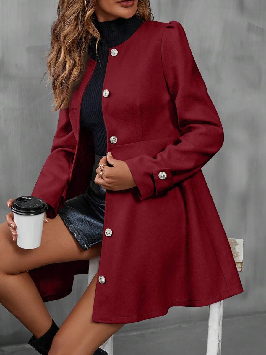 SHEIN Essnce Solid Button Front Overcoat - Burgundy - View 1