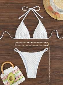 SHEIN Swim Summer Beach Women's Textured Fabric Halter Neck Bikini Set - White - View 4