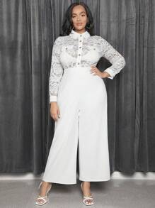 SHEIN X GiudiceGirls Talla grande Mono camisero panel con encaje con botón delantero