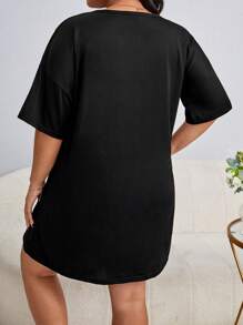 大碼小熊印花落肩袖睡裙 - 黑色 - 查看 2