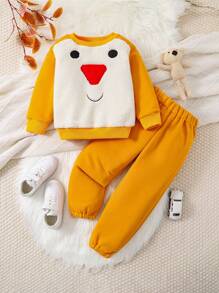 Young Boy Cartoon Embroidery Two Tone Teddy Sweatshirt & Sweatpants - Yellow - View 1