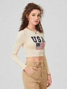 Forever 21 女款美國國旗印花短上衣 - 杏色 - 查看 4