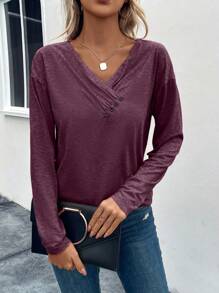 EMERY ROSE Chất rắn Chi tiết Nút Áo thun Thả vai - Màu Đỏ Sâu - Xem 1