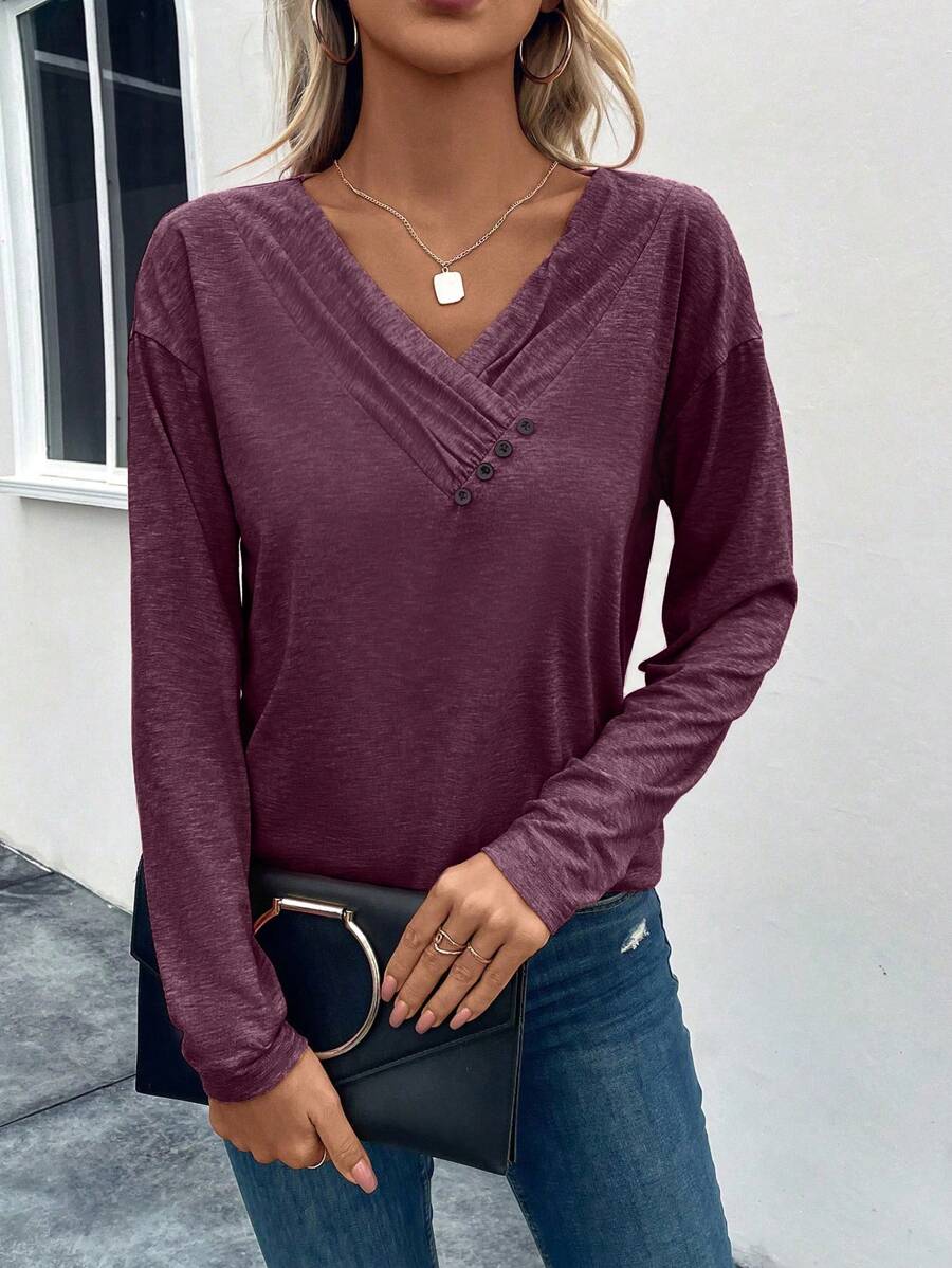 EMERY ROSE Chất rắn Chi tiết Nút Áo thun Thả vai - Màu Đỏ Sâu - Xem 1