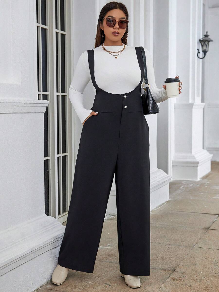 Calvaya Hơn Chất rắn Túi nghiêng Tổng thể Jumpsuit Without Tee - màu đen - Xem 1