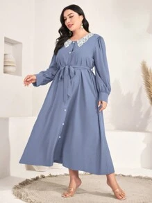 Mulvari Plus Guipure Lace Belted Shirt Dress - Blue - View 4