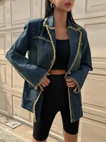 DAZY Raw Trimmed Lapel Neck Denim Coat,Jeans Jacket,Fall Women Clothes - Dark Wash - View 7