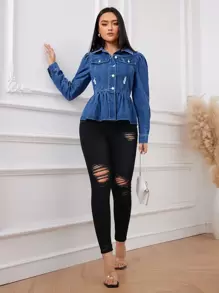 SHEIN Privé Cazadora mezclilla desgarro con diseño de solapa peplum