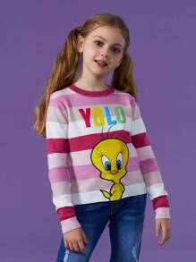 LOONEY TUNES X SHEIN Tween Girl Cartoon & Letter Graphic Colorblock Sweater - Multicolor - View 1
