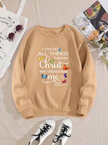 SHEIN EZwear Hơn Bản in hình khẩu hiệu & con bướm Áo pull ấm áp - Màu Khaki - Xem 1