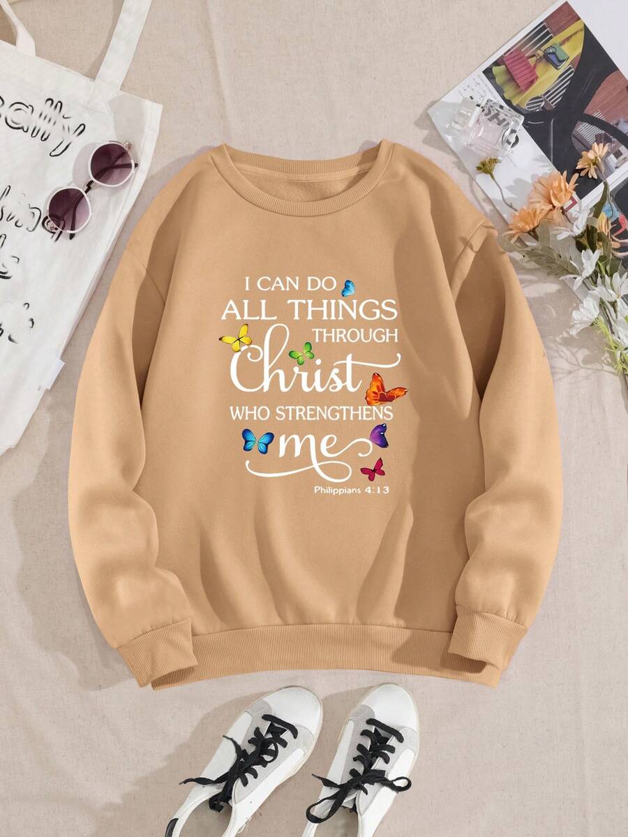 SHEIN EZwear Hơn Bản in hình khẩu hiệu & con bướm Áo pull ấm áp - Màu Khaki - Xem 1