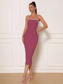 Modphy Rhinestone Detail Tube Bodycon Dress - Burgundy - View 6