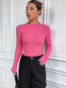 SHEIN Unity Solid Curved Hem Ribbed Knit Pullover Fall Winter Sweater - Pink - View 3