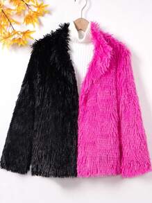 SHEIN Tween Girl Two Tone Open Front Fuzzy Jacket Without Sweater - Multicolor - View 1