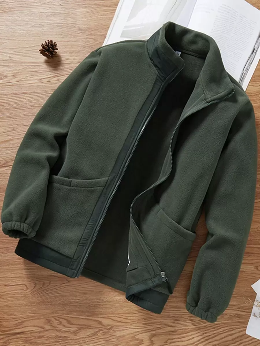 Men's Green Zipper Jacket Without Hood - Army Green - View 1