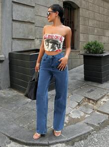 RueChic Jeans Rectos De Mujer De Color Sólido Con Bolsillo Inclinado