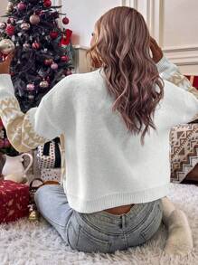 SHEIN Essnce Địa lý & Mẫu chữ Thả vai Áo len - Màu Khaki - Xem 2