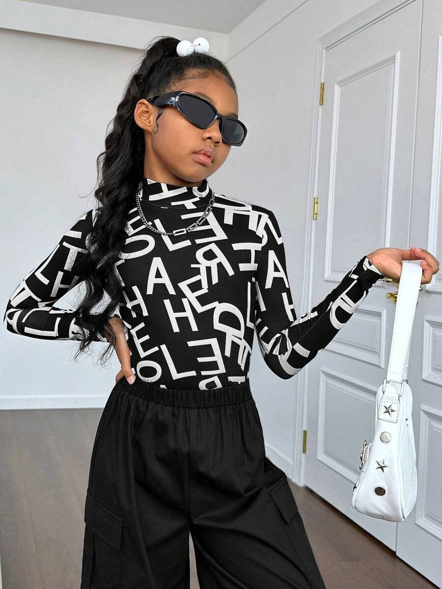 SHEIN Tween Girls Casual Knitted Stand Collar Letter Print Long Sleeve ...