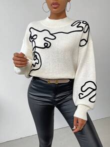 EMERY ROSE Graphic Pattern Drop Shoulder Mock Neck Sweater,Long Sleeve Tops Knit Pullover Fall Winter Sweater - Black and White - View 3