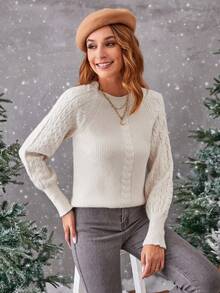 SHEIN Privé 麻花編織插肩袖套頭毛衣 - 米色 - 查看 5